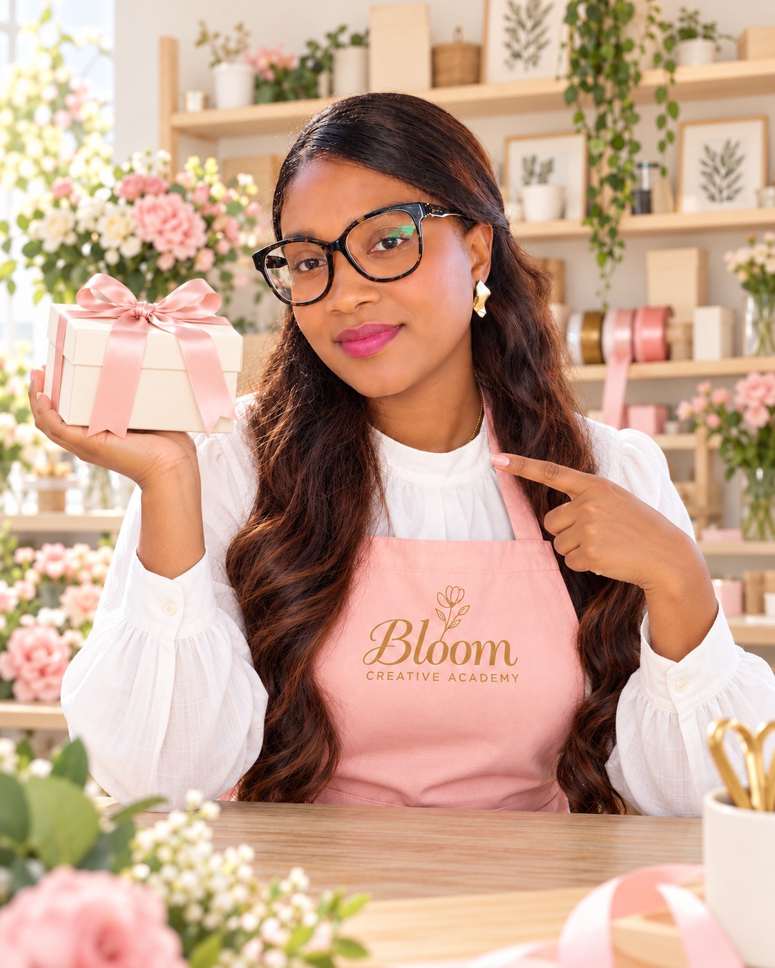 Jacy com avental rosa da Bloom, a segurar uma caixa de presente